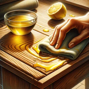 A close up illustration showing the application of a mixture of olive oil and lemon on wooden furniture to nourish and restore its shine. The image fe