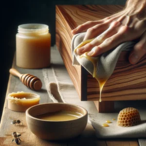 A detailed scene illustrating the application of beeswax on wooden furniture for protection and shine. The image shows a hand carefully applying a lay