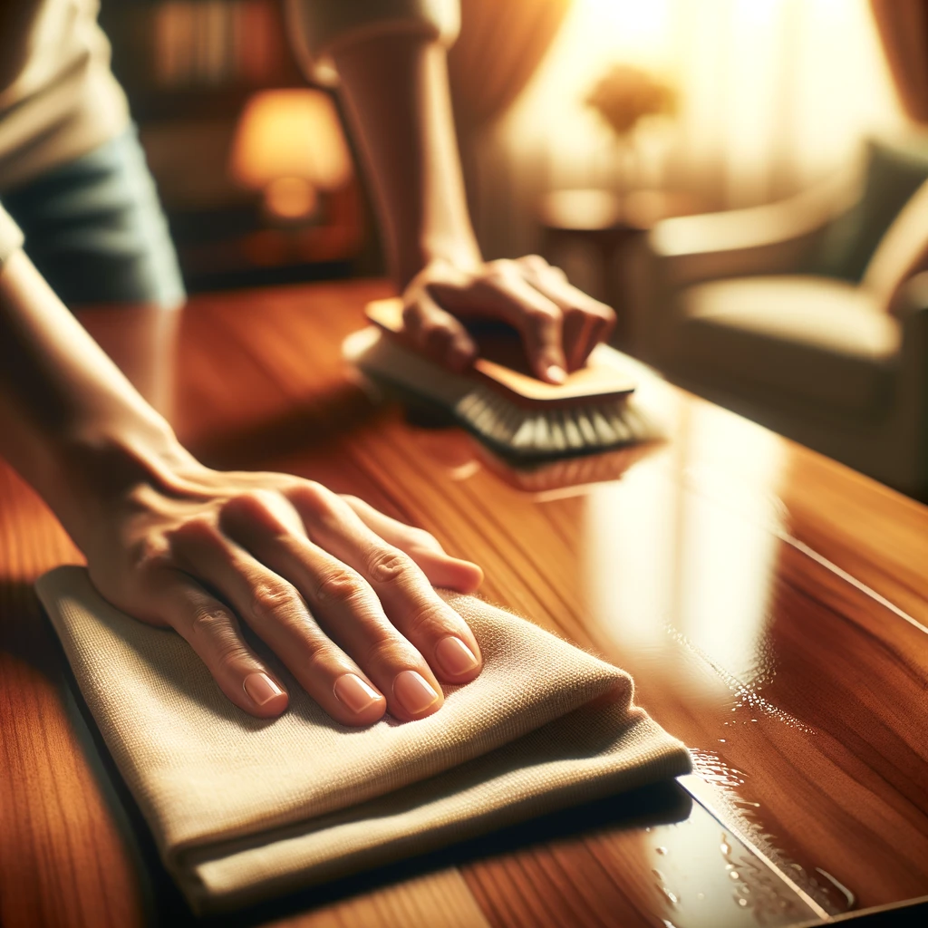 A scene depicting the daily cleaning of wooden furniture with a soft cloth. The image shows a person gently wiping the surface of a polished wooden ta