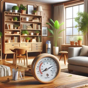 An image depicting the importance of maintaining consistent humidity levels in a room to protect wooden furniture. The scene shows a cozy living room