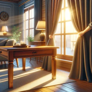 An image showing how to protect wooden furniture from direct sunlight exposure. The scene includes a beautiful wooden table placed near a window with